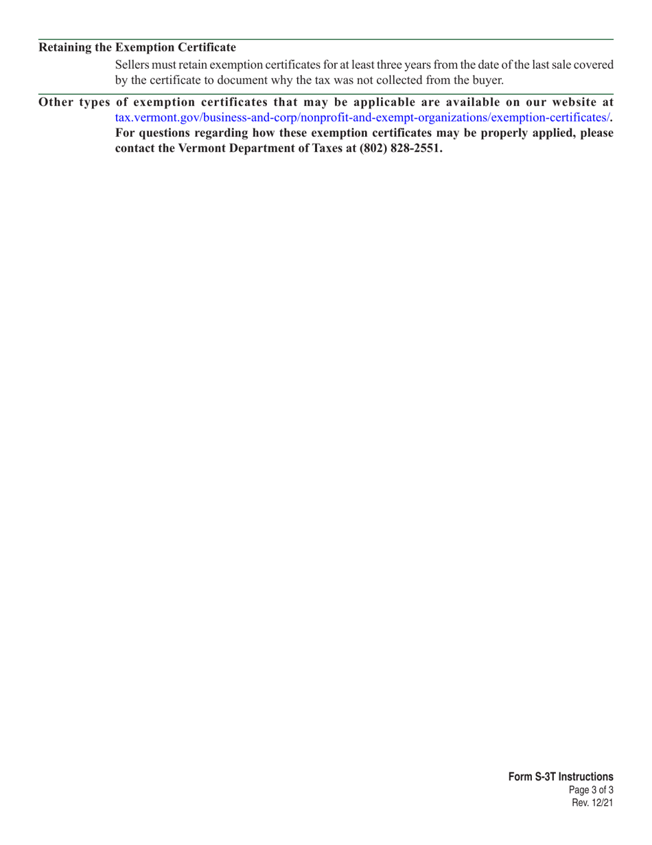 Form S-3T Vermont Sales Tax Exemption Certificate for Purchases of Toothbrushes, Floss and Similar Items of Nominal Value to Be Given to Patients for Treatment - Vermont, Page 3