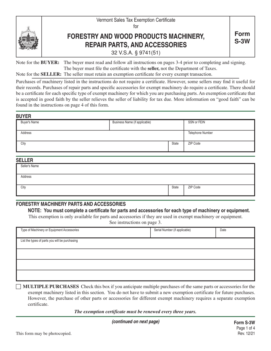 Form S-3W Vermont Sales Tax Exemption Certificate for Forestry and Wood Products Machinery, Repair Parts, and Accessories - Vermont, Page 1