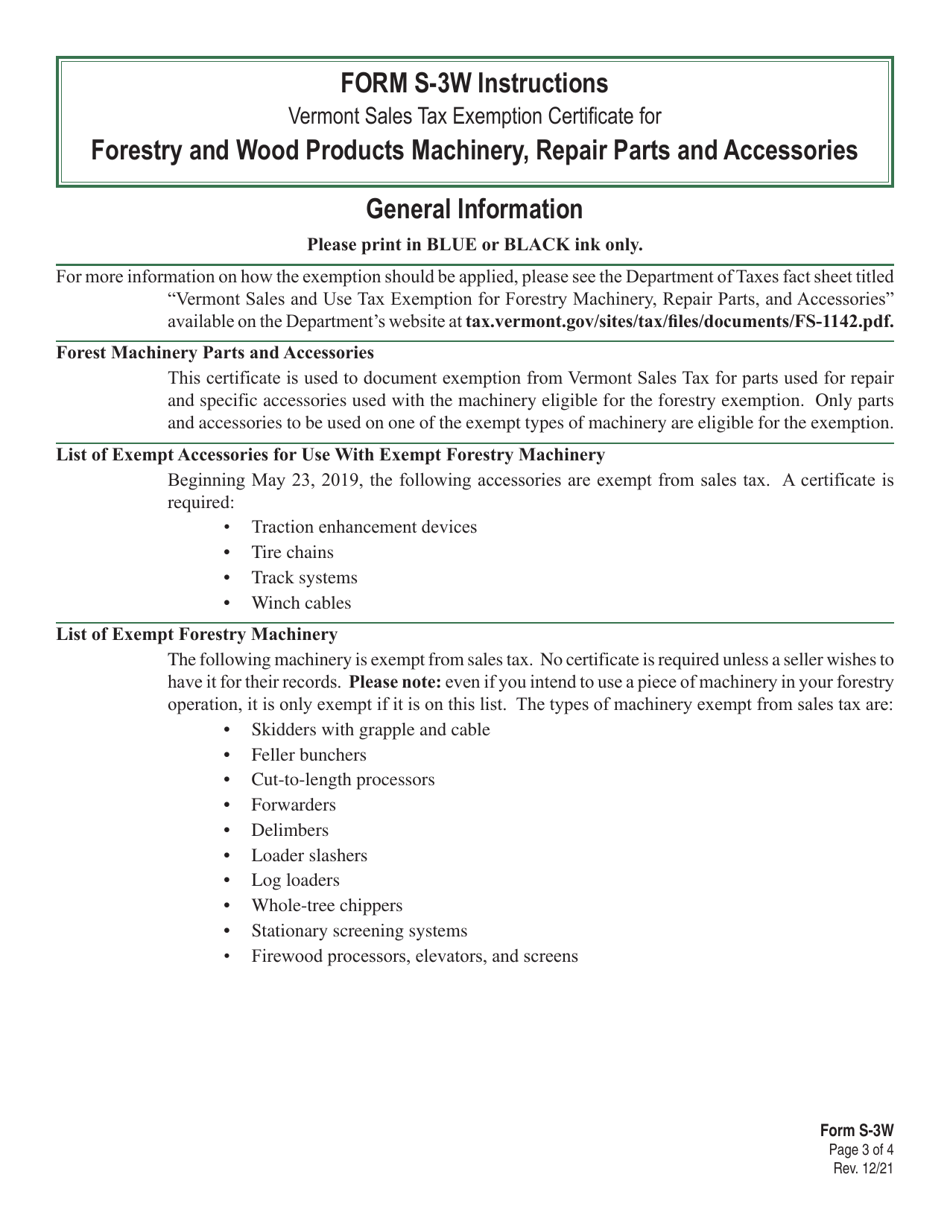 Form S-3W Vermont Sales Tax Exemption Certificate for Forestry and Wood Products Machinery, Repair Parts, and Accessories - Vermont, Page 3