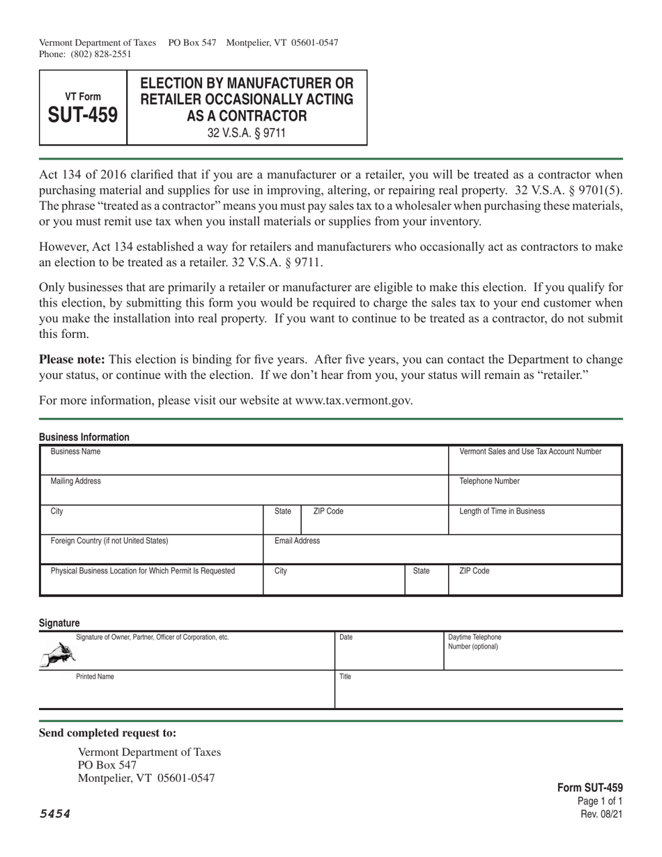 VT Form SUT-459 Election by Manufacturer or Retailer Occasionally Acting as a Contractor - Vermont, Page 1