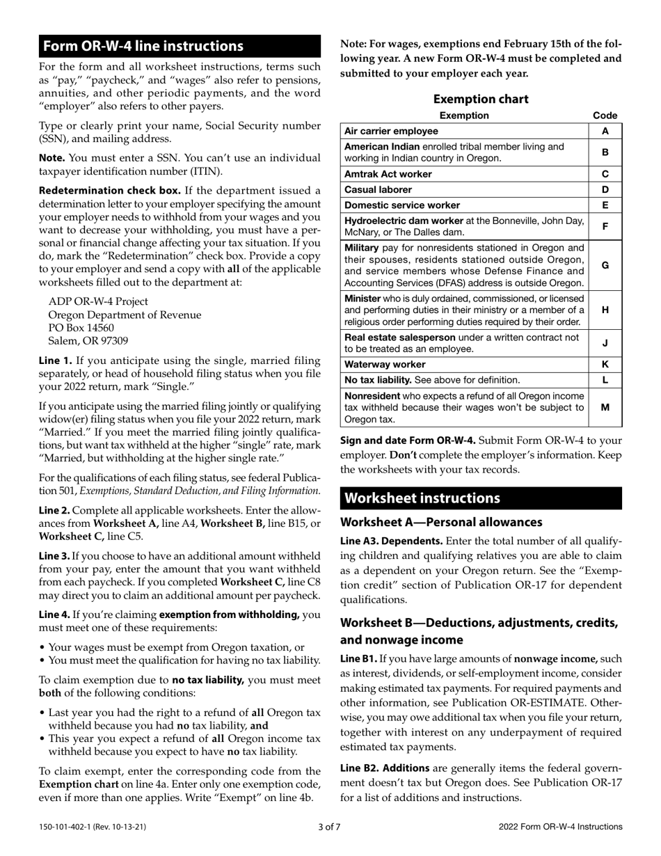 Instructions for Form OR-W-4, 150-101-402 Oregon Withholding Statement and Exemption Certificate - Oregon, Page 3