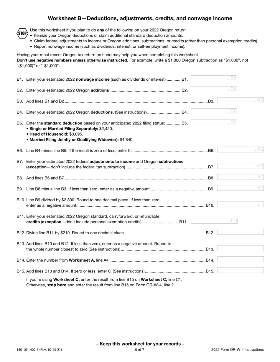 Instructions for Form OR-W-4, 150-101-402 Oregon Withholding Statement and Exemption Certificate - Oregon, Page 6