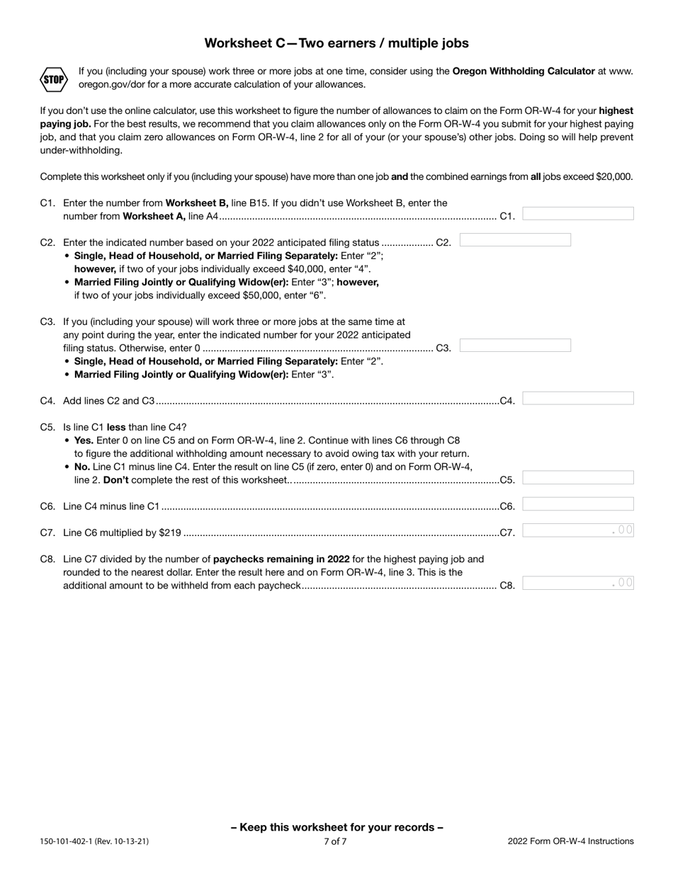 Instructions for Form OR-W-4, 150-101-402 Oregon Withholding Statement and Exemption Certificate - Oregon, Page 7