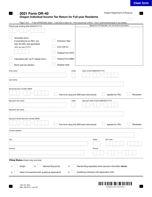 Form OR-40 (150-101-040) 2021 Printable Pdf