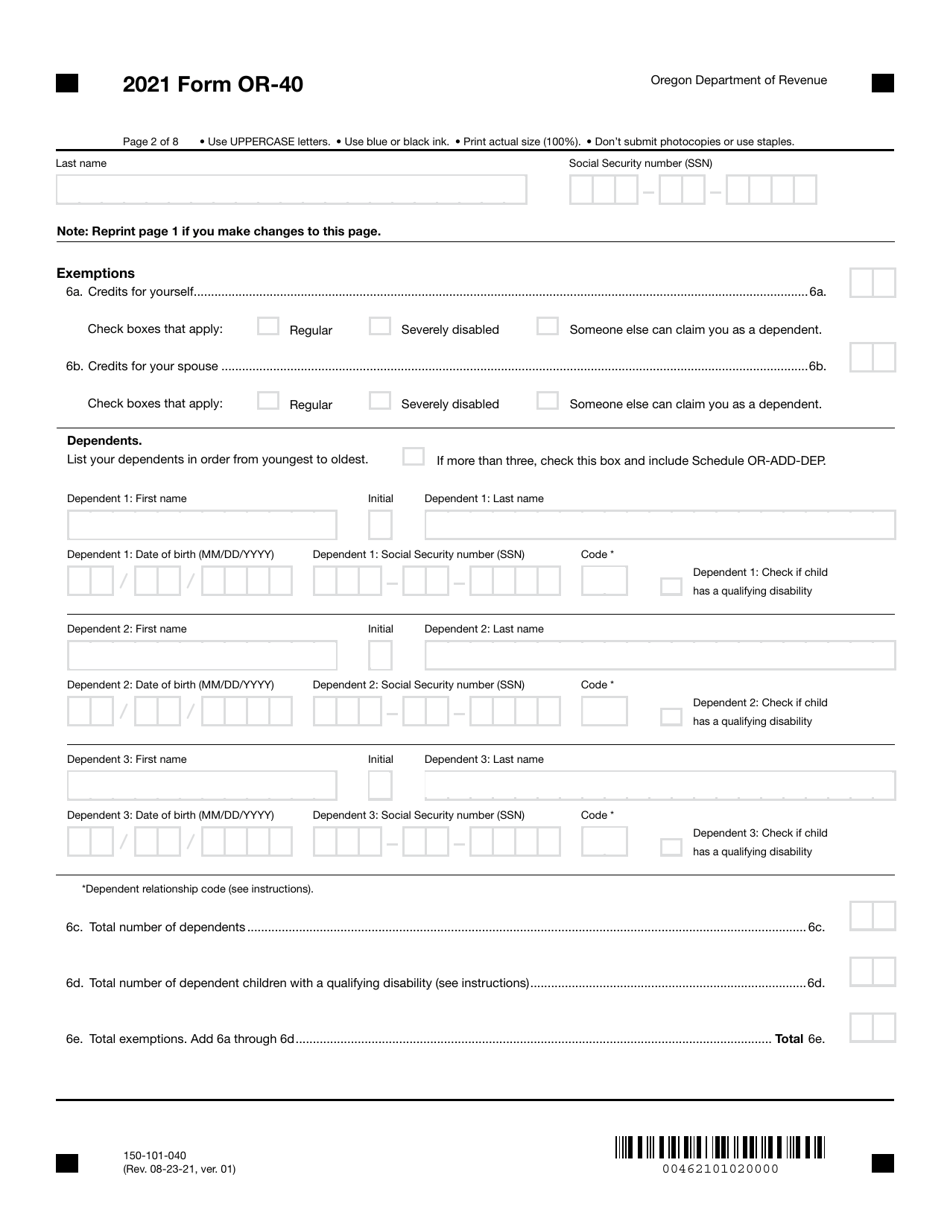 Form OR-40 (150-101-040) Oregon Individual Income Tax Return for Full-Year Residents - Oregon, Page 2