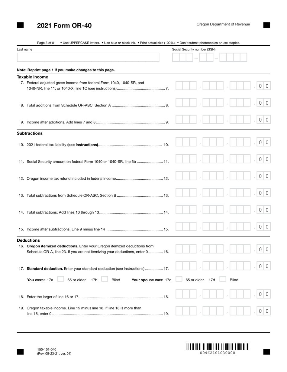 Form OR-40 (150-101-040) Oregon Individual Income Tax Return for Full-Year Residents - Oregon, Page 3