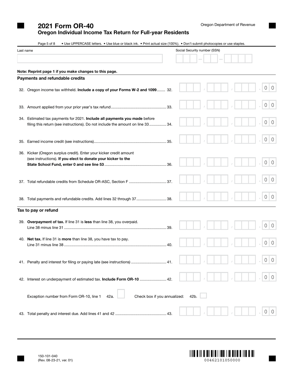Form OR-40 (150-101-040) Oregon Individual Income Tax Return for Full-Year Residents - Oregon, Page 5