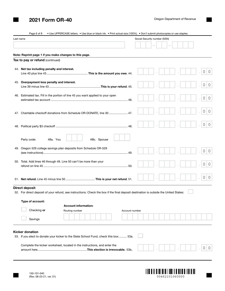 Form OR-40 (150-101-040) Oregon Individual Income Tax Return for Full-Year Residents - Oregon, Page 6