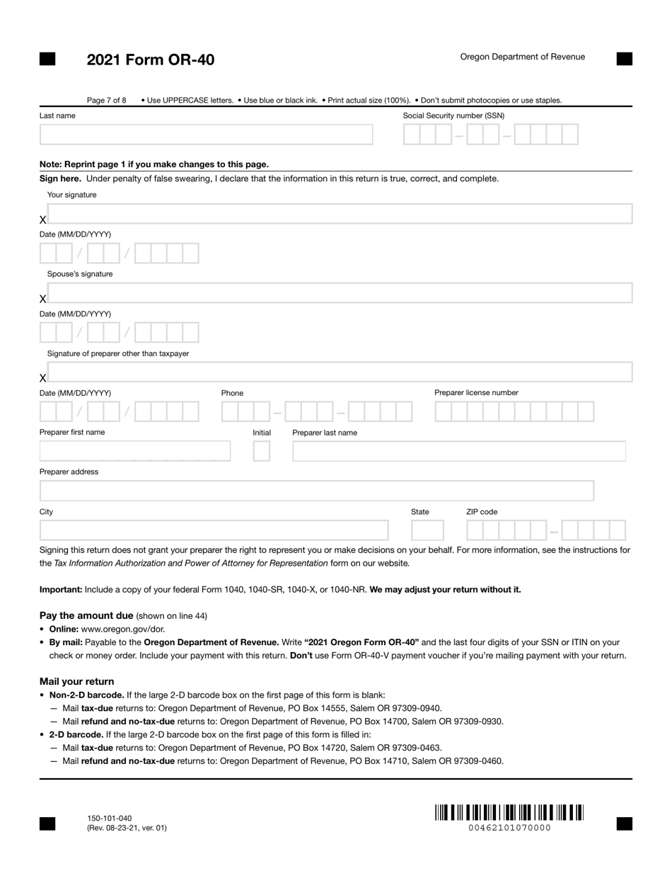 Form OR-40 (150-101-040) Oregon Individual Income Tax Return for Full-Year Residents - Oregon, Page 7
