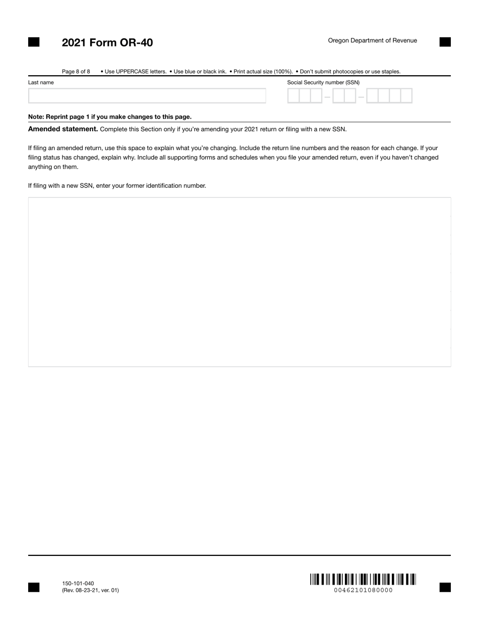 Form OR-40 (150-101-040) Oregon Individual Income Tax Return for Full-Year Residents - Oregon, Page 8