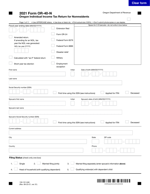 Form OR-40-N (150-101-048) 2021 Printable Pdf