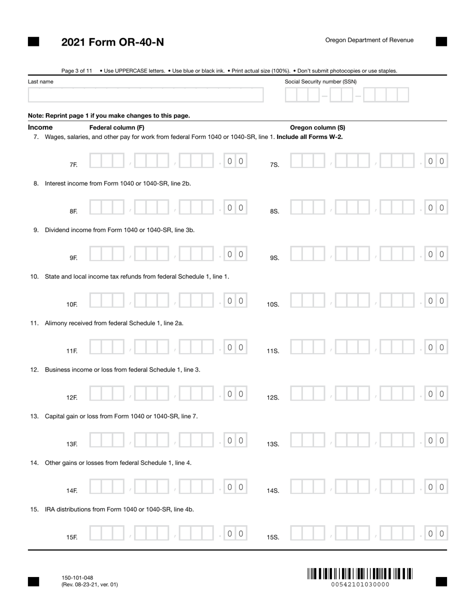 Form OR-40-N (150-101-048) Oregon Individual Income Tax Return for Nonresidents - Oregon, Page 3