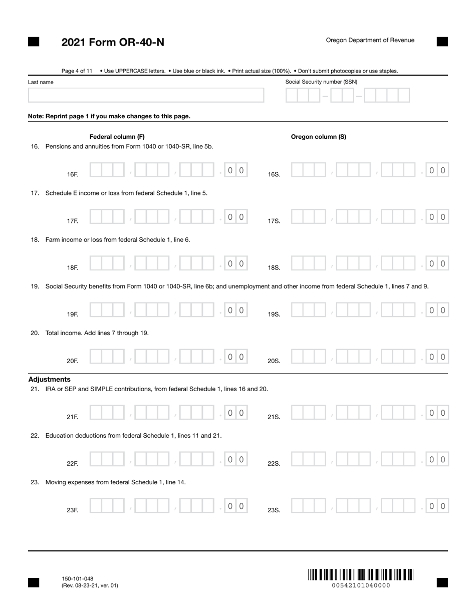 Form OR-40-N (150-101-048) Oregon Individual Income Tax Return for Nonresidents - Oregon, Page 4