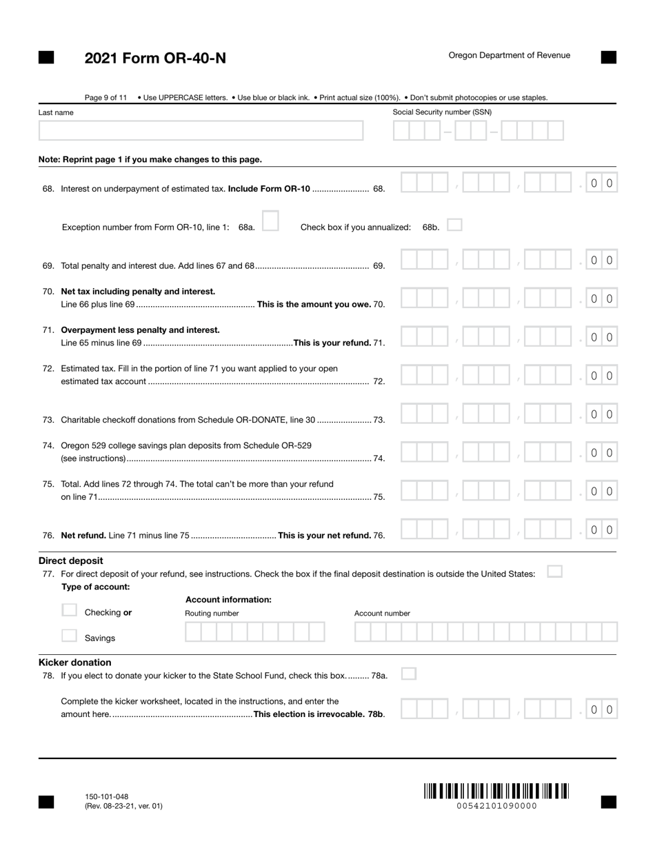 Form OR-40-N (150-101-048) Oregon Individual Income Tax Return for Nonresidents - Oregon, Page 9