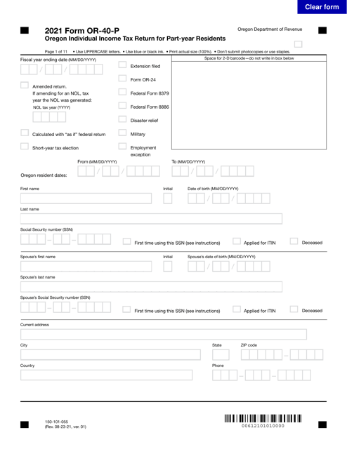 Form OR-40-P (150-101-055) 2021 Printable Pdf