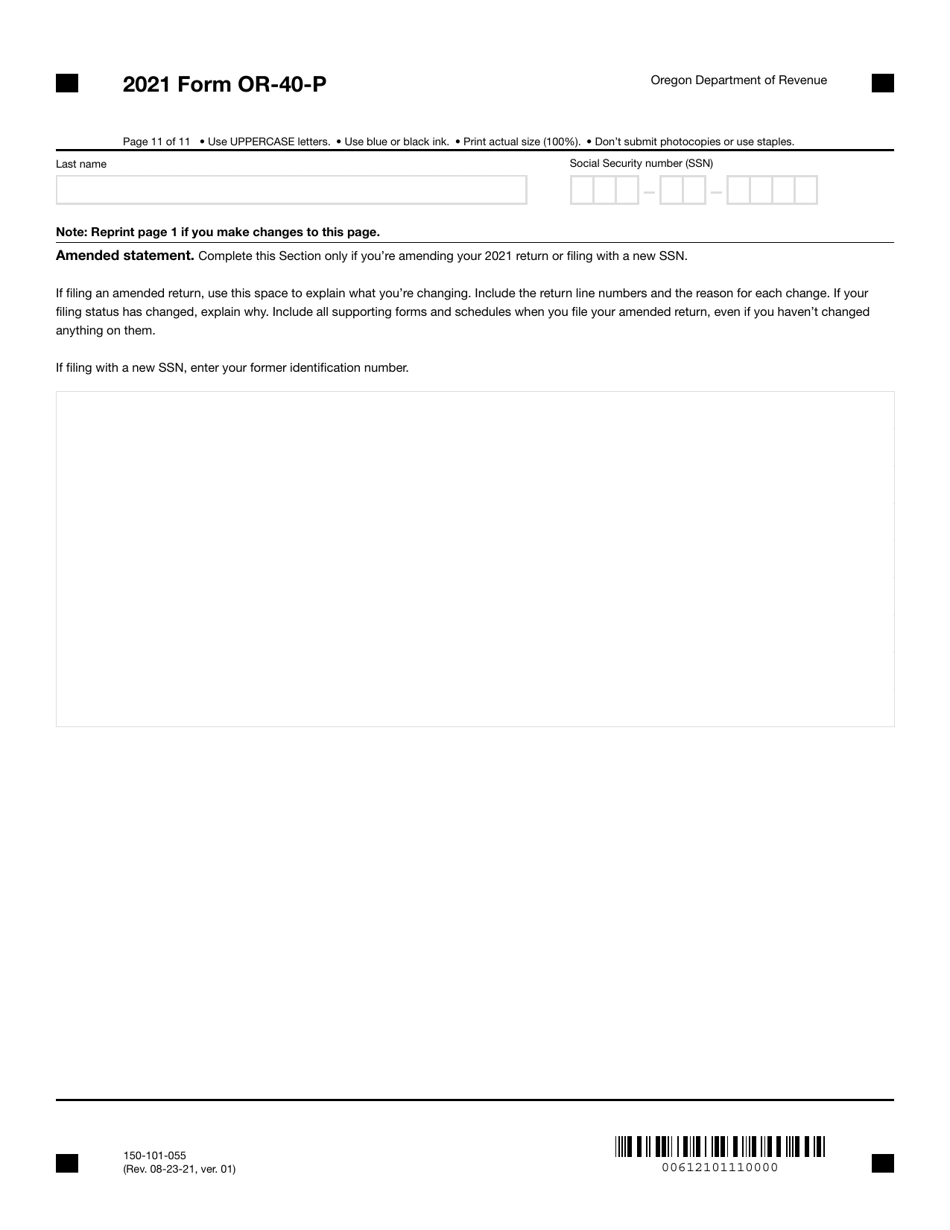 Form OR-40-P (150-101-055) Oregon Individual Income Tax Return for Part-Year Residents - Oregon, Page 11
