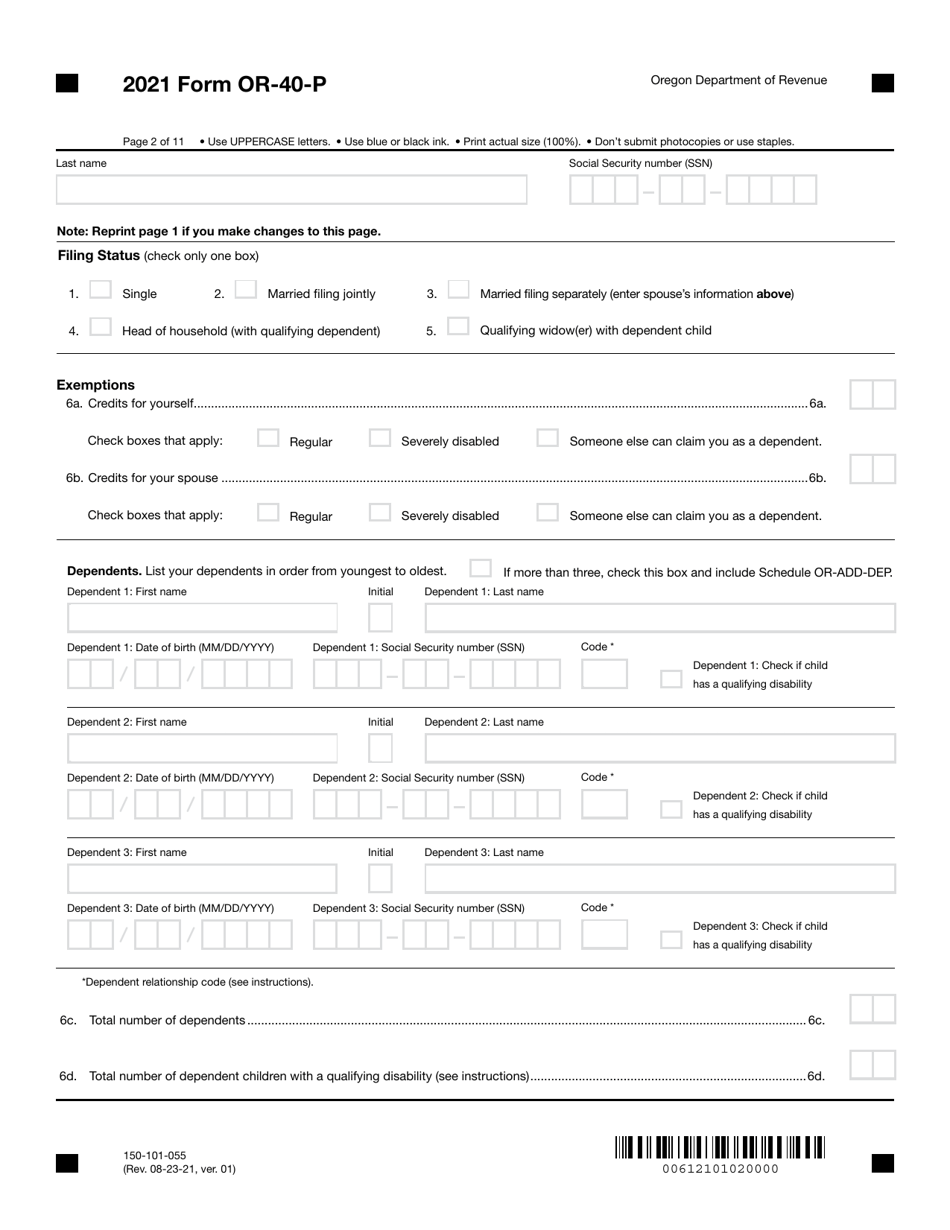 Form OR-40-P (150-101-055) Oregon Individual Income Tax Return for Part-Year Residents - Oregon, Page 2