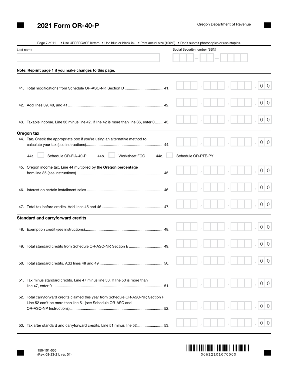 Form OR-40-P (150-101-055) Oregon Individual Income Tax Return for Part-Year Residents - Oregon, Page 7