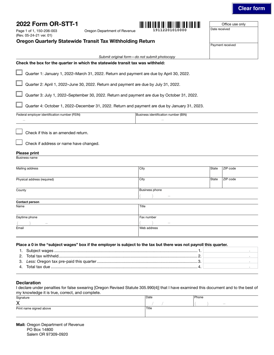 Form ORSTT1 (150206003) Download Fillable PDF or Fill Online Oregon