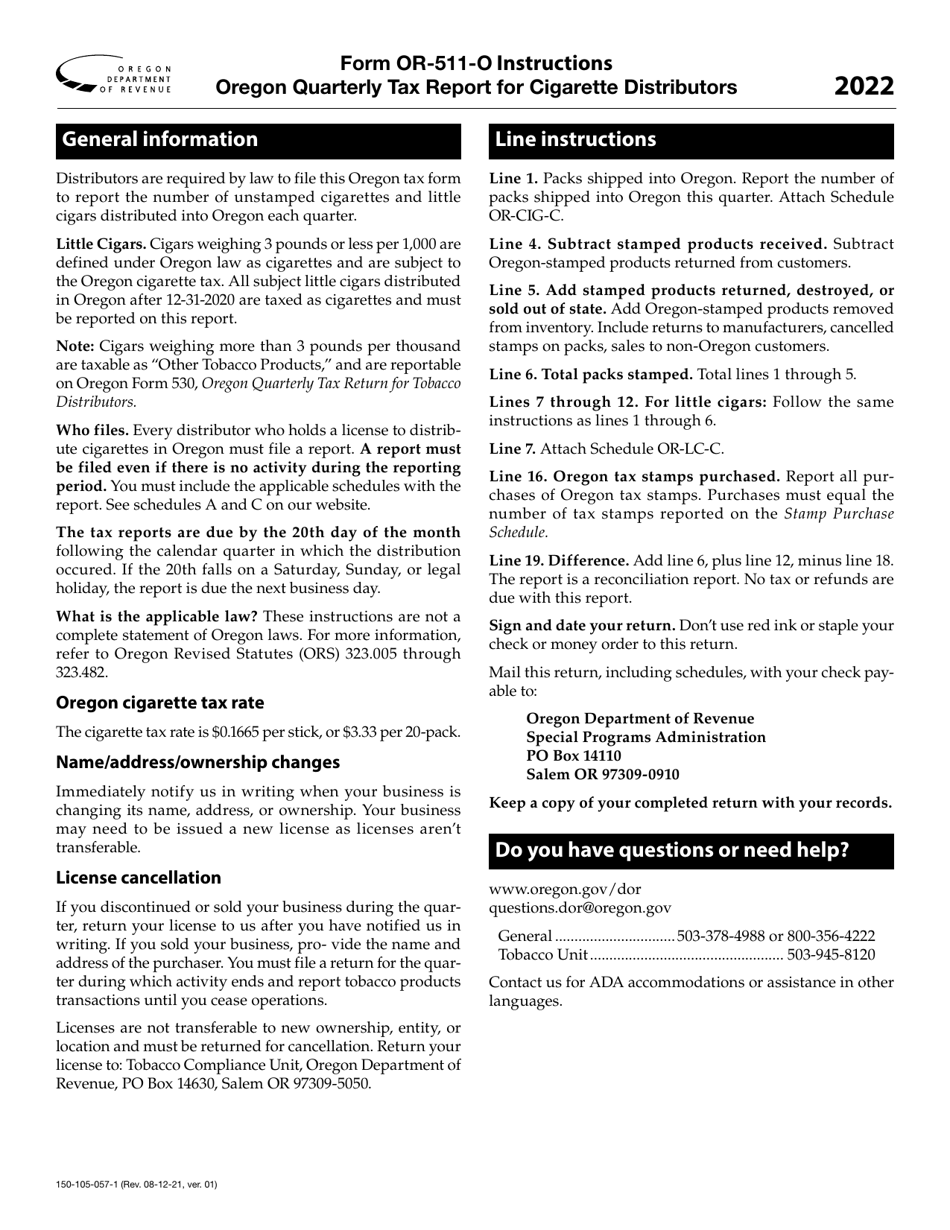 Instructions for Form 150-105-057, OR-511-OUT Oregon Out-of-State Cigarette Distributor Quarterly Reconciliation Report - Oregon, Page 1