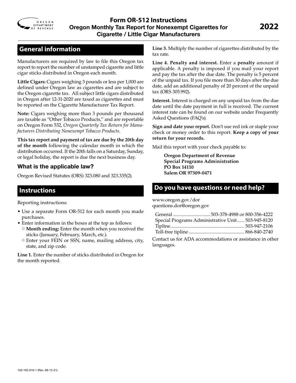 Instructions for Form OR-512, 150-105-016 Oregon Monthly Tax Report for Nonexempt Cigarettes for Cigarette / Little Cigar Manufacturers - Oregon, Page 1