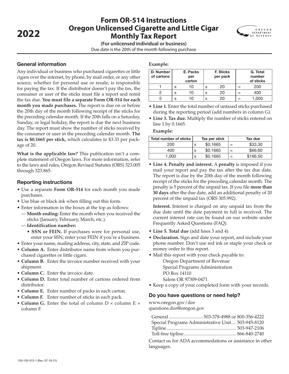 Instructions for Form OR-514, 150-105-013 Oregon Unlicensed Cigarette and Little Cigar Monthly Tax Report (For Unlicensed Individual or Business) - Oregon, Page 1