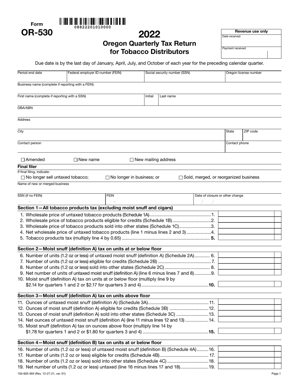 Form OR-530 (150-605-004) Oregon Quarterly Tax Return for Tobacco Distributors - Oregon, Page 1