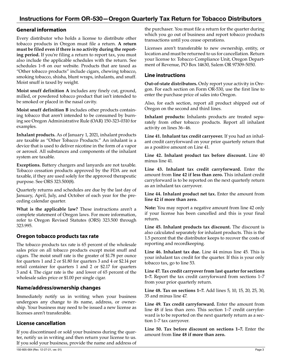 Form OR-530 (150-605-004) Oregon Quarterly Tax Return for Tobacco Distributors - Oregon, Page 3