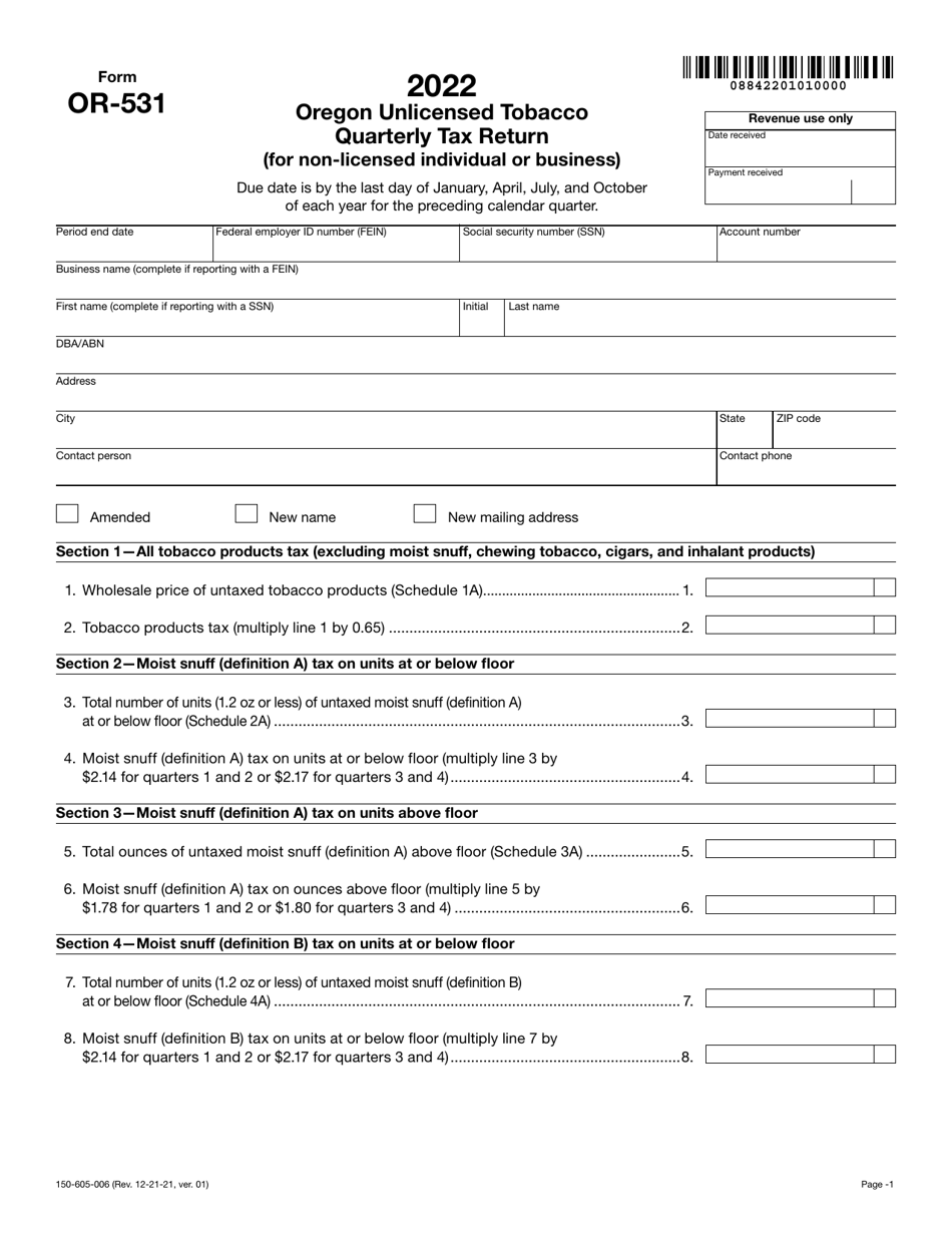 Form OR-531 (150-605-006) Oregon Unlicensed Tobacco Quarterly Tax Return (For Non-licensed Individual or Business) - Oregon, Page 1