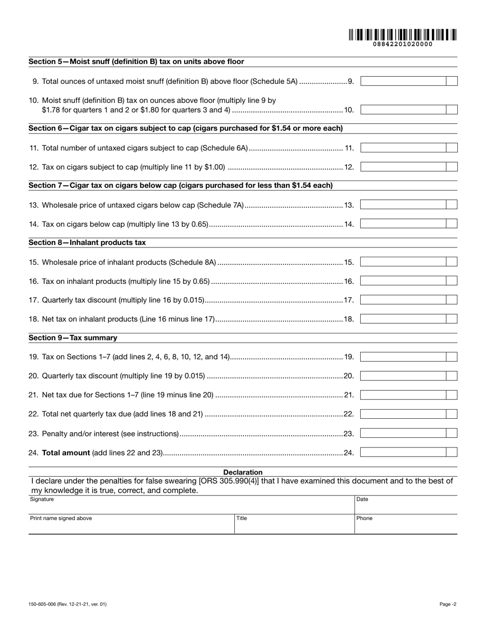 Form OR-531 (150-605-006) Oregon Unlicensed Tobacco Quarterly Tax Return (For Non-licensed Individual or Business) - Oregon, Page 2