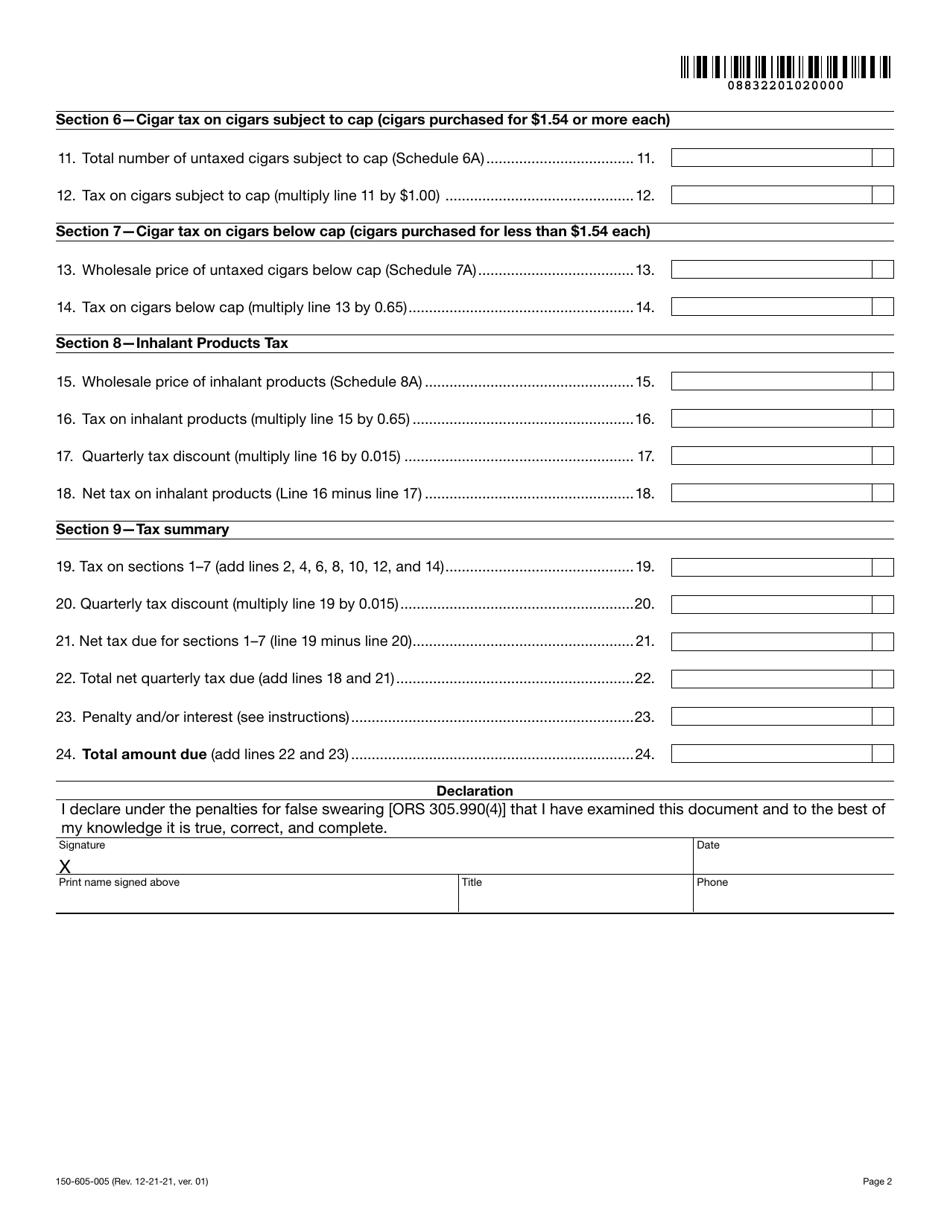 Form OR-532 (150-605-005) Oregon Quarterly Tax Return for Manufacturers Distributing Nonexempt Tobacco Products - Oregon, Page 2