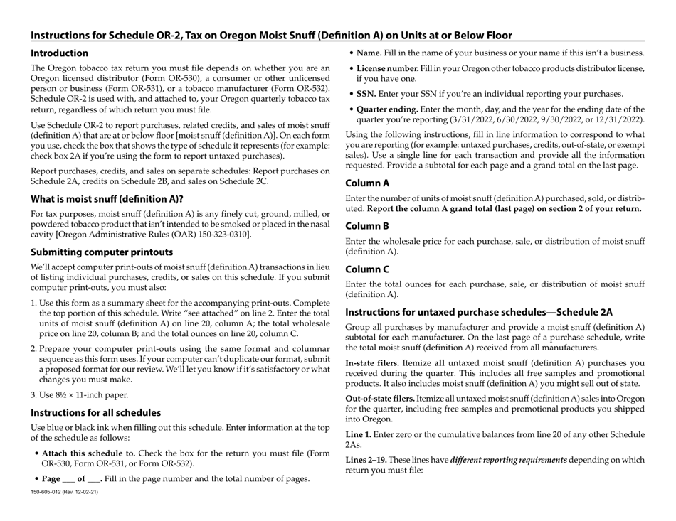 Form 150-605-012 Schedule OR-2 Tax on Moist Snuff (Definition a) on Units at or Below Floor - Oregon, Page 2