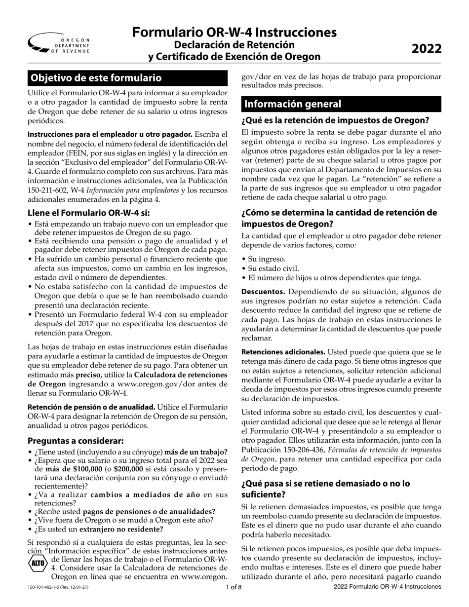 Instrucciones para Formulario OR-W-4, 150-101-402-5 Declaracion De Retenciones Y Certificado De Exencion De Oregon - Oregon (Spanish), Page 1