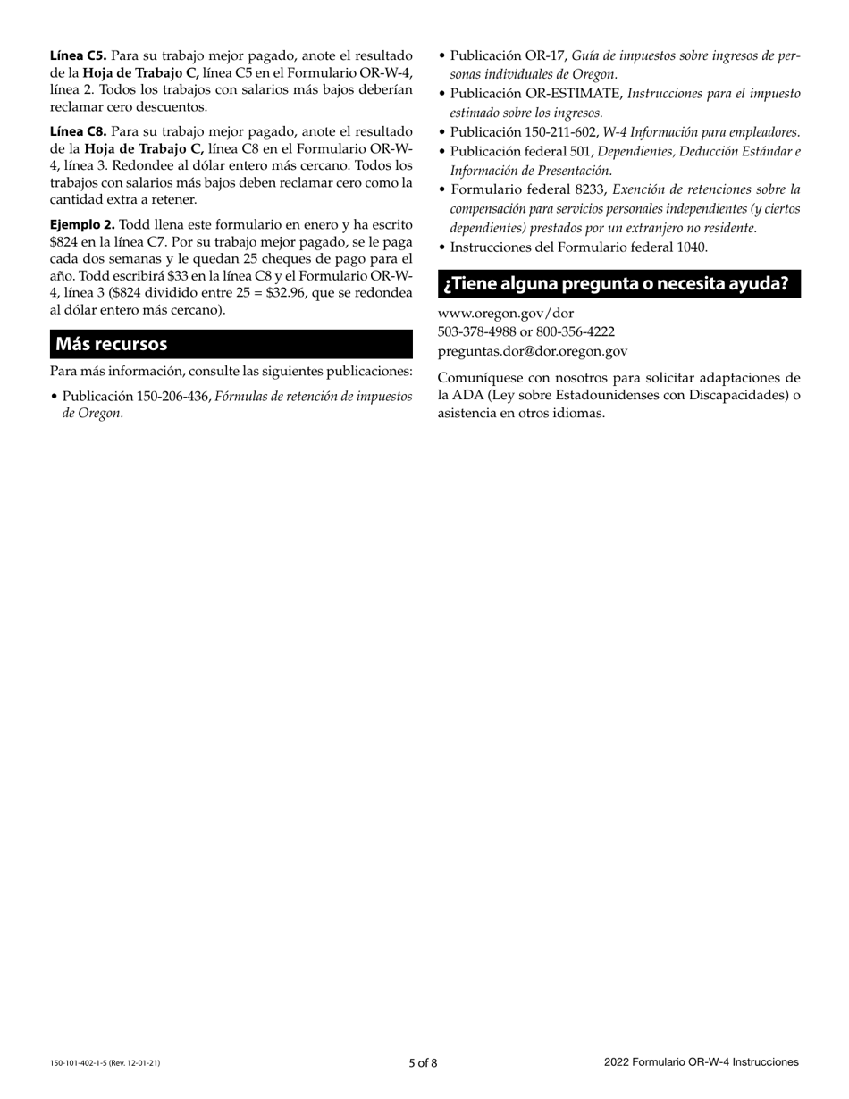 Instrucciones para Formulario OR-W-4, 150-101-402-5 Declaracion De Retenciones Y Certificado De Exencion De Oregon - Oregon (Spanish), Page 5