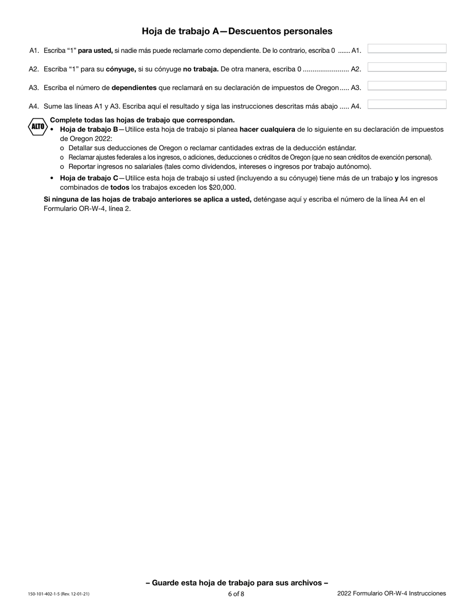Instrucciones para Formulario OR-W-4, 150-101-402-5 Declaracion De Retenciones Y Certificado De Exencion De Oregon - Oregon (Spanish), Page 6