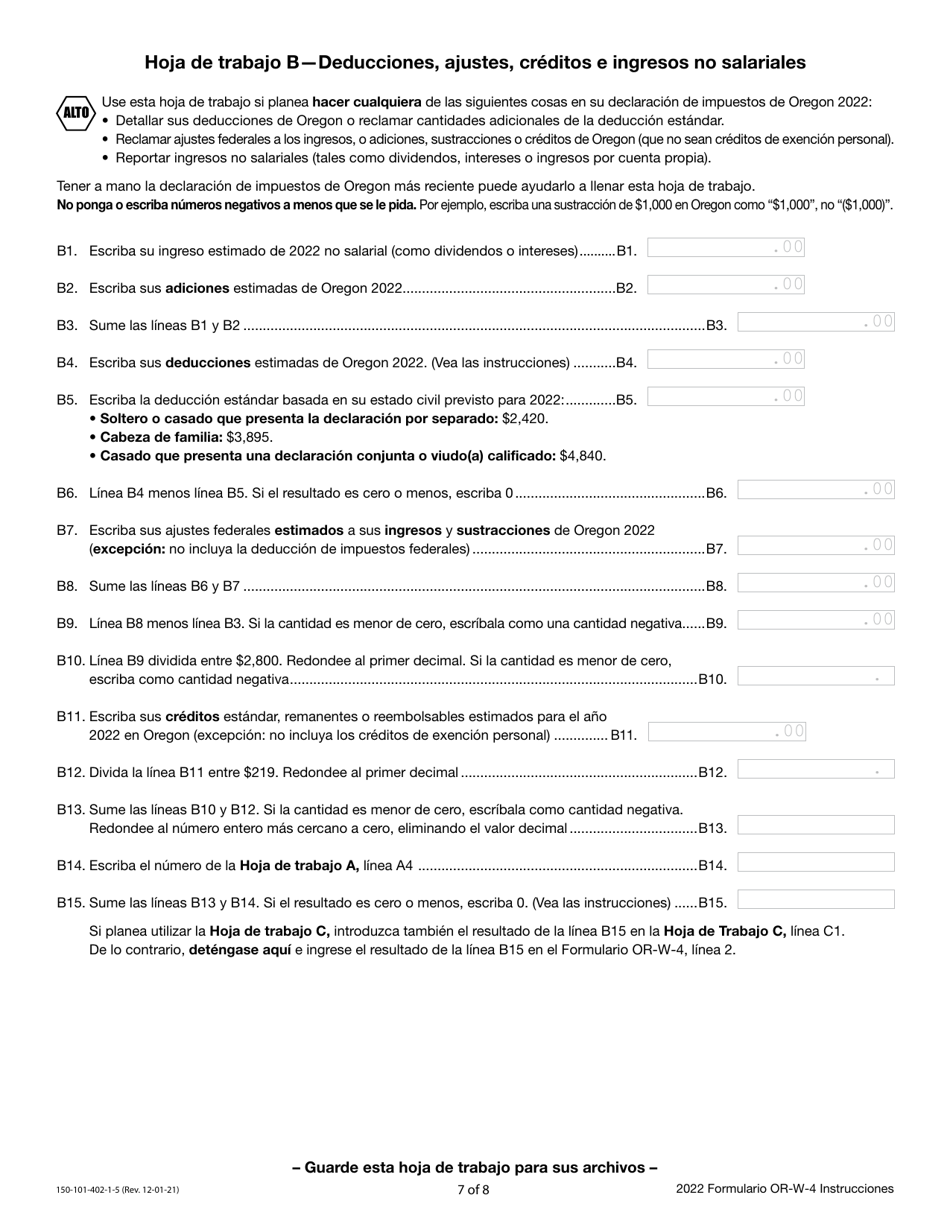 Instrucciones para Formulario OR-W-4, 150-101-402-5 Declaracion De Retenciones Y Certificado De Exencion De Oregon - Oregon (Spanish), Page 7