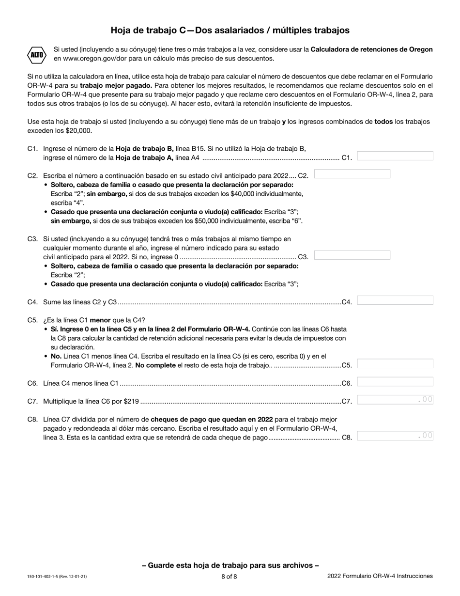 Instrucciones para Formulario OR-W-4, 150-101-402-5 Declaracion De Retenciones Y Certificado De Exencion De Oregon - Oregon (Spanish), Page 8