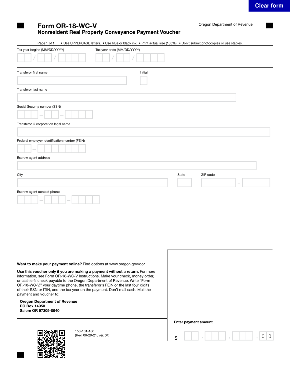 Form OR-18-WC-V (150-101-186) Nonresident Real Property Conveyance Payment Voucher - Oregon, Page 1