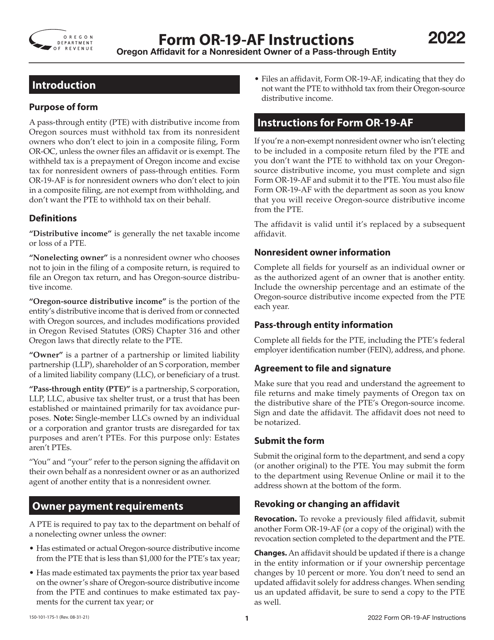 Form OR-19-AF, 150-101-175 2022 Printable Pdf