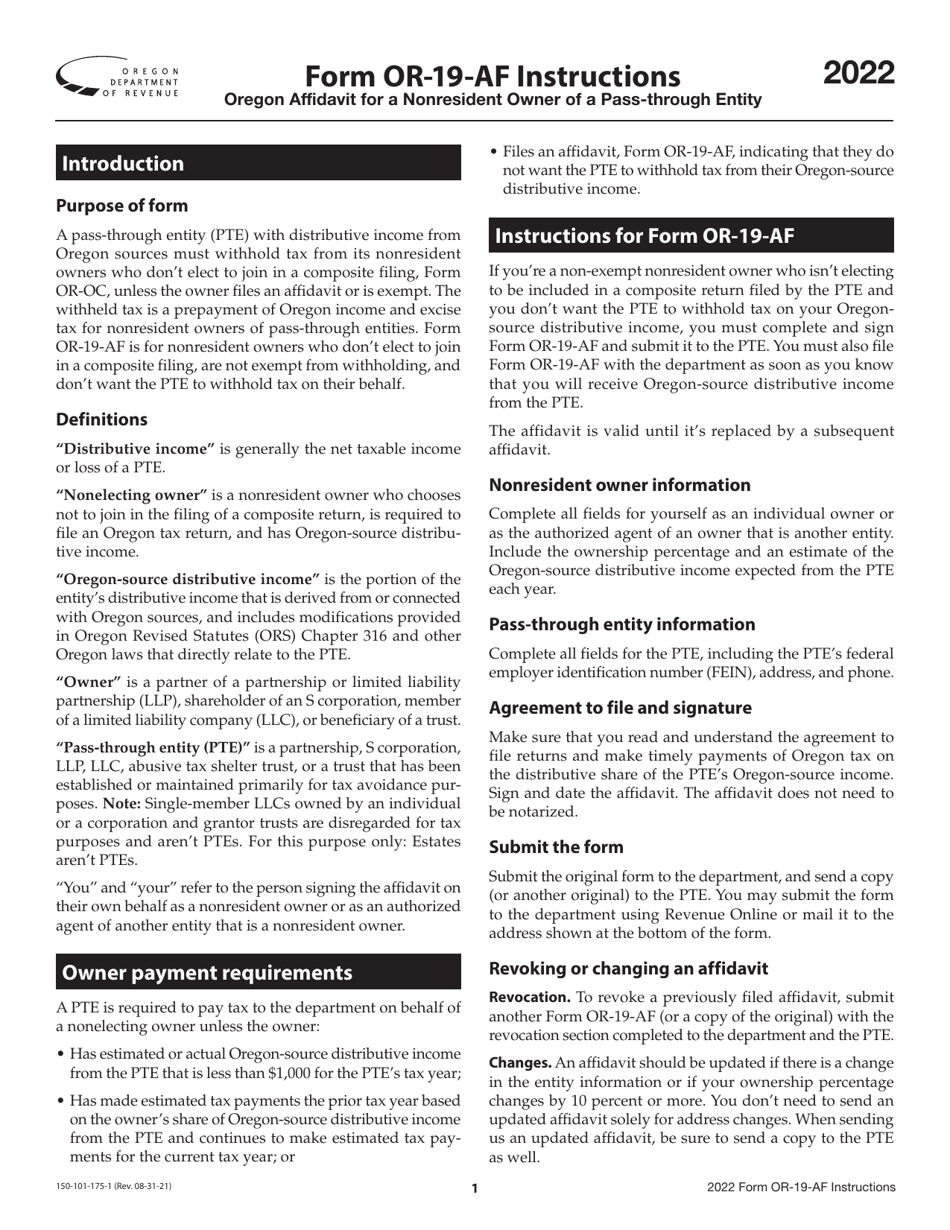 Instructions for Form OR-19-AF, 150-101-175 Oregon Affidavit for a Nonresident Owner of a Pass-Through Entity - Oregon, Page 1