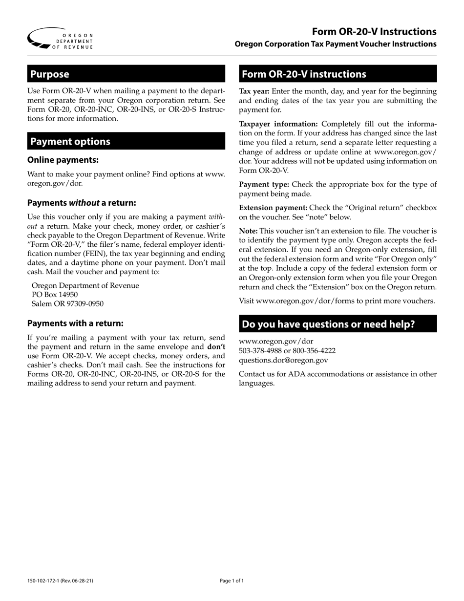 Instructions for Form OR-20-V, 150-102-172 Oregon Corporation Tax Payment Voucher - Oregon, Page 1