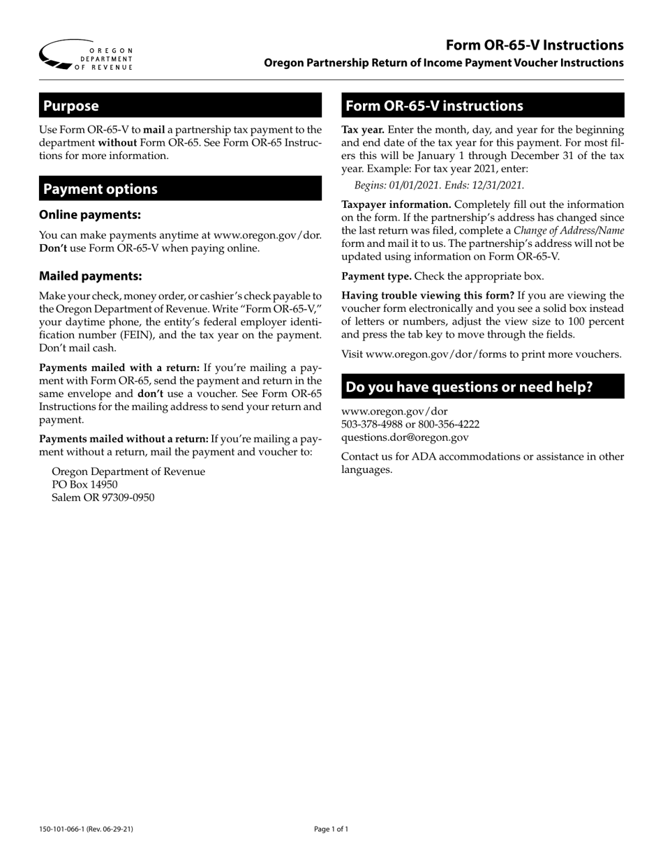 Instructions for Form OR-65-V, 150-101-066 Oregon Partnership Return of Income Payment Voucher - Oregon, Page 1