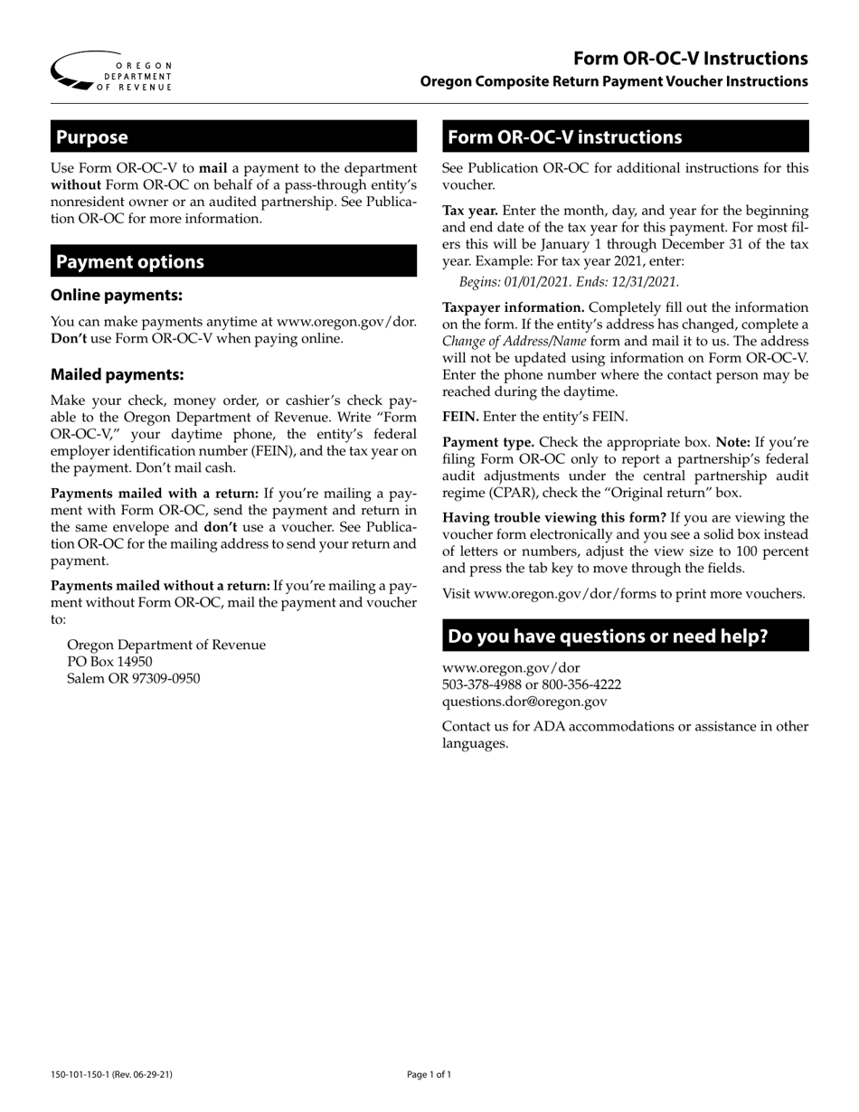 Instructions for Form OR-OC-V, 150-101-150 Oregon Composite Return Payment Voucher - Oregon, Page 1