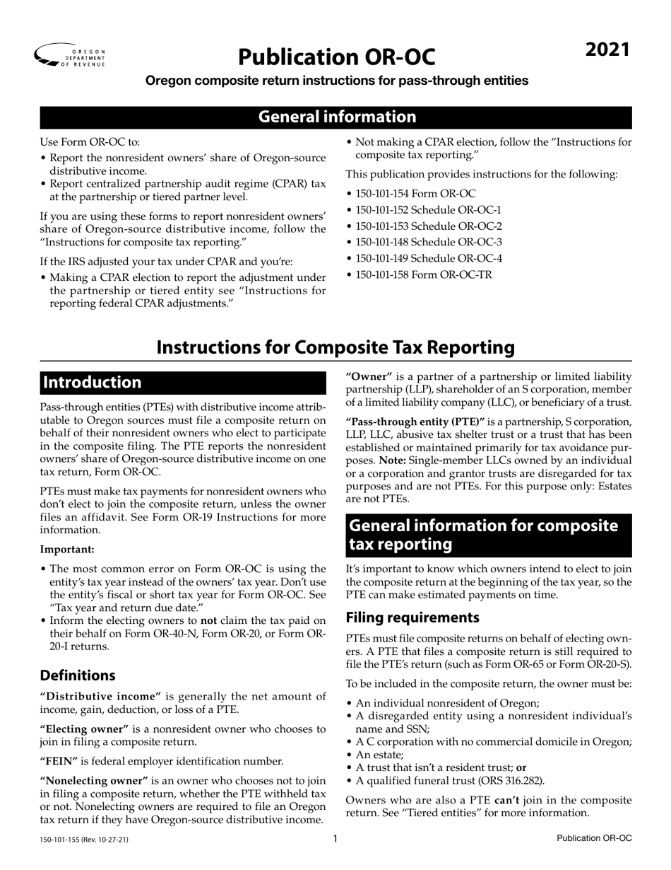 Form OR-OC (150-101-155) Oregon Composite Return Instructions for Pass-Through Entities - Oregon, Page 1