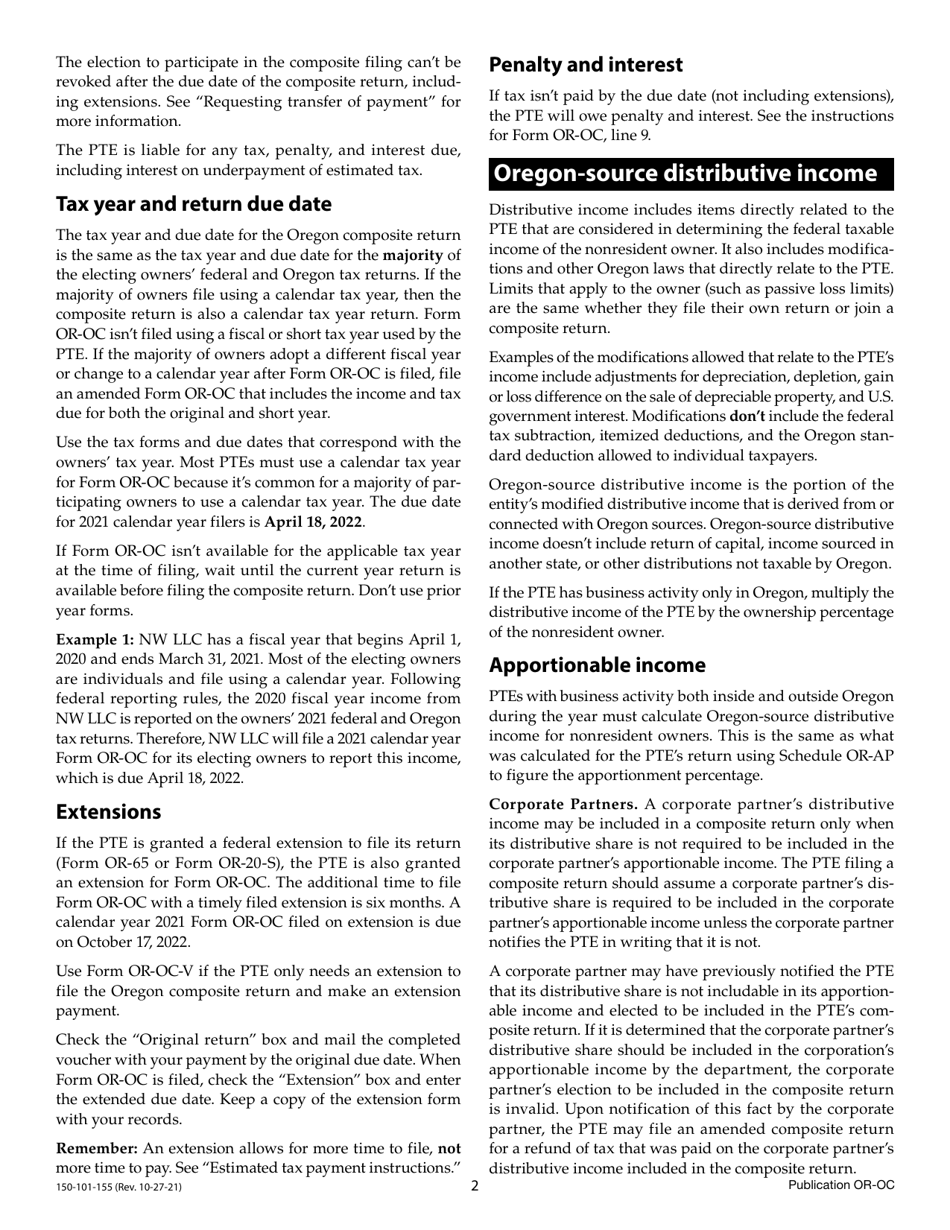 Form OR-OC (150-101-155) Oregon Composite Return Instructions for Pass-Through Entities - Oregon, Page 2