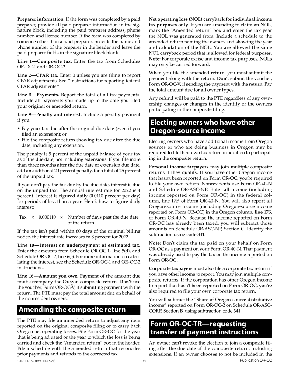 Form OR-OC (150-101-155) Oregon Composite Return Instructions for Pass-Through Entities - Oregon, Page 6