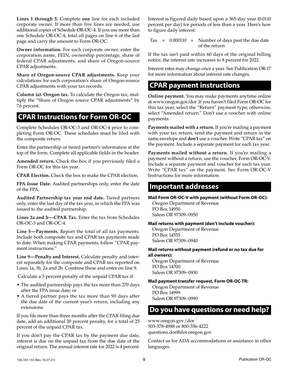Form OR-OC (150-101-155) Oregon Composite Return Instructions for Pass-Through Entities - Oregon, Page 9