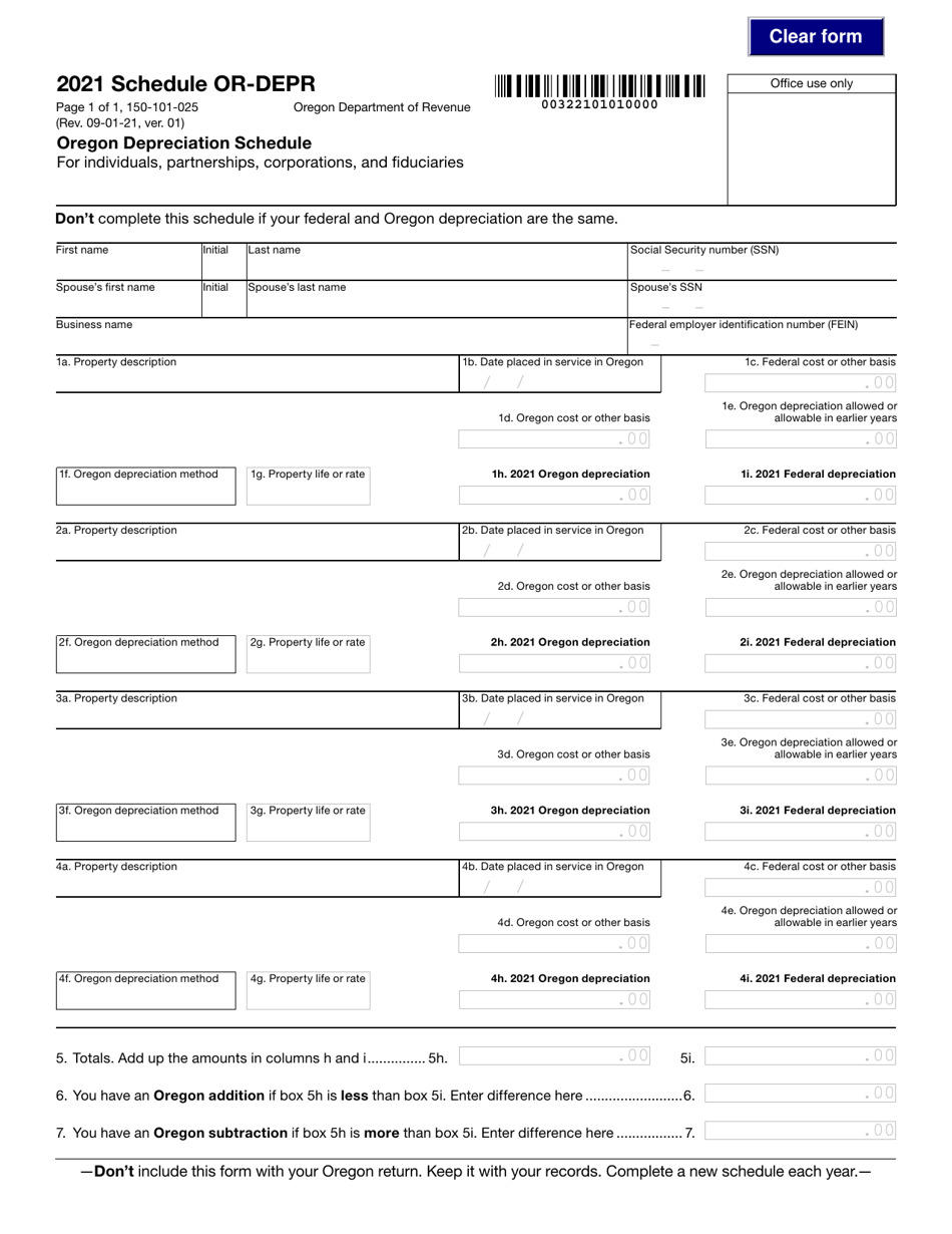 Form 150-101-025 Schedule OR-DEPR - 2021 - Fill Out, Sign Online and ...