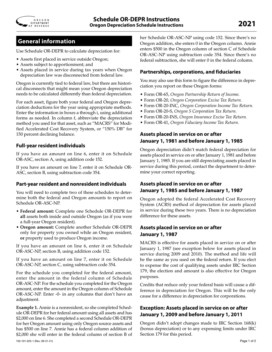 Instructions for Form 150-101-025 Schedule OR-DEPR Oregon Depreciation Schedule - Oregon, Page 1