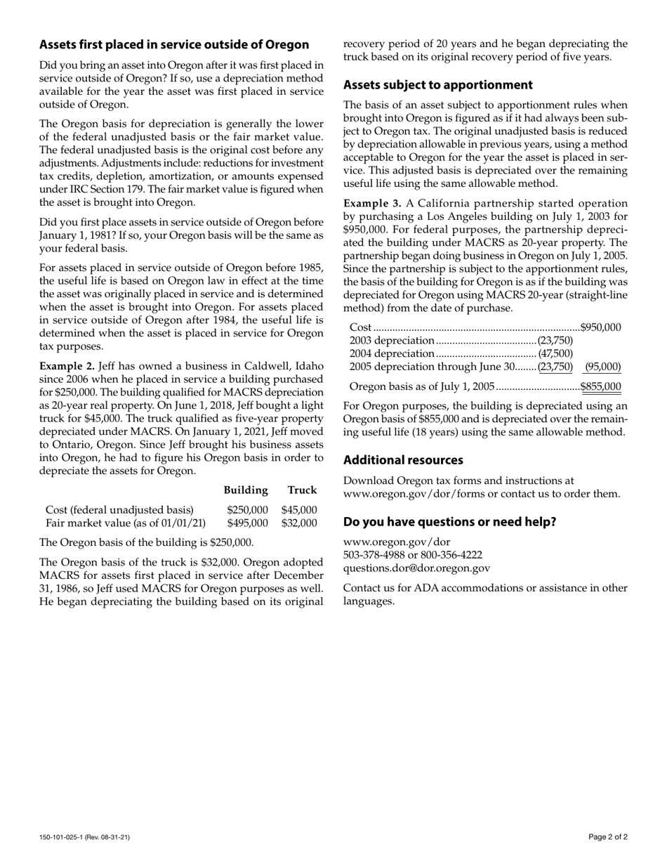 Download Instructions for Form 150101025 Schedule ORDEPR Oregon Depreciation Schedule PDF